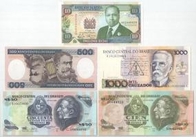Vegyes: Brazília 1984. 500C + 1988. 1000C "1 Cruzado Novo" felülbélyegzéssel + Kenya 1992. 10Sh + Uruguay 1989. 50P + 100P T:UNC,AU egyiken gyűrődés Mixed: Brazil 1984. 500 Cruzeiros + 1988. 1000 Cruzados with "1 Cruzado Novo" overprint + Kenya 1992. 10 Shilingi + Uruguay 1989. 50 Pesos + 100 Pesos C:UNC,AU one with crease