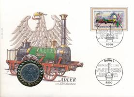 NSZK 1985D 1M "Adler" bélyeges borítékban első napi bélyegzős bélyeggel, német nyelvű leírással T:AU FRG 1985D 1 Mark "Adler" in coin letter with first day of issue stamp, with german description C:AU