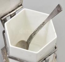 Angol art deco cukortartó, kanállal. jelzett angol alpakka, Wedgewood fajansz betéttel. Hibátlan m: ...