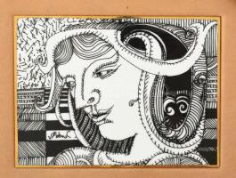 Hollóházi Szász Endre által tervezett mintával díszített porcelán plakett, bőr asztali tartóval, ere...