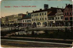 1939 Eperjes, Presov; Fő utca, törvényszéki palota, Párisi Ruha Nagy áruház, cipő és kalap gyári raktár, Cattarino Sándor, Ambrózy Béla és Gerő Mihály üzlete. Grosszmann Ernő kiadása / main street, court palace, shops (EM)