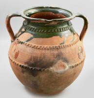 Lakodalmas fazék. Somogy, XIX. sz. Festett cserép, sérült, m: 33 cm, d: 34 cm