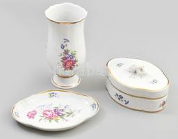 3 részes Hollóházi Erika mintás porcelán asztali készlet. Kézzel festett, jelzett, hibátlan . Váza 18 cm, tál 19 cm, bonbonniere 16 cm