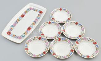 Kalocsai porcelán süteményes készlet 6+1 db. Maricás, jelzett, hibátlan d: 15 cm, h 36 cm