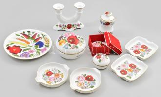Kalocsai porcelán bonbonniere, dísztál, hamutálak, sótartó, gyertyatartó, stb össz 10 db Maricás, jelzett, hibátlan
