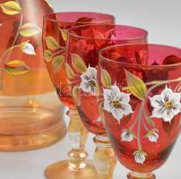 Cseh boros pohár és nagy méretű palack (36 cm) készlet 6+1 db. Kézzel festett, anyagában színezett, ...