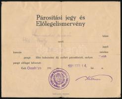 1931 Orosháza, párosítási (ló fedeztetési) jegy és előlegelismervény, "Magyar királyi állami Méntelepvezetőség Békéscsaba" bélyegzővel