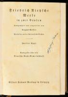 Friedrich Nietsche Werke in zwei Bänden. Zweiter Band. Leipzig, Alfred Kröner. Kiadói egészvászon kötés, kopottas állapotban.