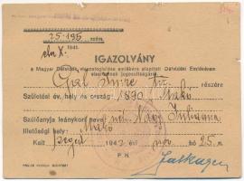 Névre szóló, kitöltött viselői igazolvány a Délvidéki Emlékéremhez, a "M. Kir. Szegedi V. honvéd hadtestparancsnokság" pecsétjével, 1942-es dátummal T:VF folt, kis anyaghiány