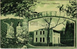 Jedlová, Jedlová u Policky, Schönbrunn bei Policka; Kindergarten des deutschen Schulvereins /  kindergarten, girls with wheelbarrow. Art Nouveau montage