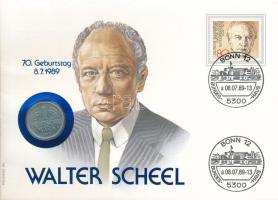 NSZK 1970G 1M Cu-Ni "Walter Scheel" érmés borítékban bélyeggel és bélyegzéssel T:AU FRG 1970G 1 Mark Cu-Ni "Walter Scheel" in coin envelope with stamps and cancellations C:AU