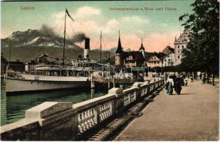 Lucerne, Luzern; Schweizerhofquai u. Blick nach Pilatus / quay, steamship
