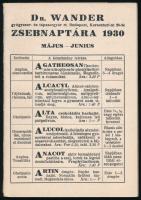 1930 Dr. Wander Gyógyszer- és Tápszergyár Rt. zsebnaptára, 1930. május-június, a gyár készítményeinek leírásával, kitöltetlen