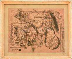 Hincz Gyula (1904-1986): Zene, rézkarc, papír, jelzett, számozott (81/100), üvegezett fakeretben, lap széle kissé foltos, 30×39 cm