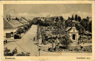 1942 Érsekújvár, Nové Zamky; Széchenyi utca, Szent Anna kápolna, benzinkút. Peczár Károly kiadása / street view, chapel, gas station (EK)