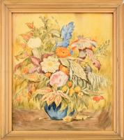 Iványi Grünwald Béla (1867-1940) és Prihoda István (1891-1965): Csendélet. Színezett rézkarc, papír, jelzett. Üvegezett, dekoratív, korabeli, kissé sérült fakeretben, keret hátoldalán Hoffmann Ferencz képkeretező 1930-35 körüli címkéjével.