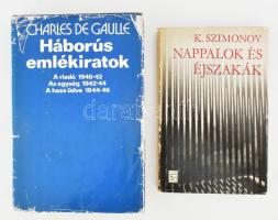 Charles de Gaulle: Háborús emlékiratok. Bp., 1973., Gondolat. Kiadói egészvászon-kötés, kiadói javított, sérült papír védőborítóban. + Konsztantyin Szimonov: Nappalok és éjszakák. Bp.-Uzshorod [Ungvár], 1972., Európa-Kárpáti. Kiadói egészvászon-kötés, kiadói kissé kopott papír védőborítóban.;