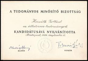 1959 Tudományos kandidátusok oklevele Horváth Zoltán állatorvos részére, Dr. Vadász Elemér (1885-197...