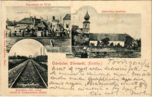 1902 Tövis, Teius; Piac, Fő út, Katolikus templom, Maroshíd, MÁV vasúti vonal Tövis és Karácsonfalva (Homoródkarácsonyfalva) között, dohány és bélyeg üzlet. Szabolcs Endre kiadása / market, main street, church, Mures river bridge, railway line between Teius and Craciunel, tobacco and stamp shop (apró lyuk / tiny hole)