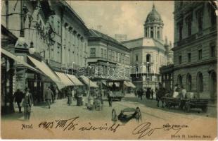 1905 Arad, Atzél Péter utca, üzletek, sörcsarnok, szálloda. Bloch H. kiadása / street view, shops, beer hall, hotel (EB)