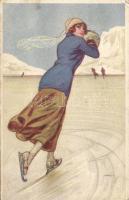 Artist signed Italian postcard; skating lady (Rb)