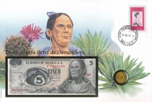 Mexikó "Josefa Ortiz de Dominguez" érmés és bankjegyes felbélyegzett boríték bélyegzéssel, német nyelvű tájékoztatóval, benne 1972. 5c sárgaréz + 1972. 5P T:UNC,UNC Mexico "Josefa Ortiz de Dominguez" coin and banknote envelope with stamp, cancellation, a description in german, in it 1972. 5 Centavos brass + 1972. 5 Pesos C:UNC,UNC