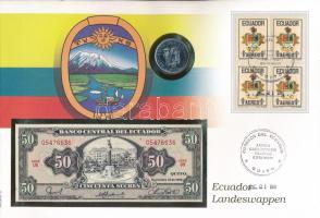 Ecuador "Ecuador címere" érmés és bankjegyes felbélyegzett boríték bélyegzéssel, német nyelvű tájékoztatóval, benne 1988. 50S acél + 1988. 50S T:UNC,AU Ecuador "Coat of arms of Ecuador" coin and banknote envelope with stamp, cancellation, a description in german, in it 1988. 50 Sucres steel + 1988. 50 Sucres C:UNC,AU