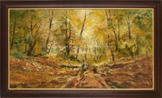 Szanthoffer Imre (1930-2007): Séta. Olaj, farost, jelezve balra lent. Dekoratív fakeretben, 57×100 cm. KIZÁRÓLAG SZEMÉLYES ÁTVÉTEL, NEM POSTÁZZUK! / ONLY PERSONAL COLLECTION AT OUR OFFICE!