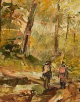 Szanthoffer Imre (1930-2007): Séta. Olaj, farost, jelezve balra lent. Dekoratív fakeretben, 57×100 c...