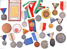 21db-os, főleg vitorlás díjérem-tétel, nagyrészt szalagon, benne "MTK-VM", "Budapesti Honvéd", "Vörös Meteor" jelzett Hollóházi porcelán díjérem (60mm), "Újpesti Dózsa", "Magyar Nemzeti Bank - Tihany", illetve Iván István (1905-1968) 1953. "Váltófutás a felszabadulás ünnepére / Fővárosi Tanács, Budapesti Testnevelési és Sportbizottság 1951. IV. 4." kétoldalas fém emlékérem (65mm) (2xklf) T:vegyes