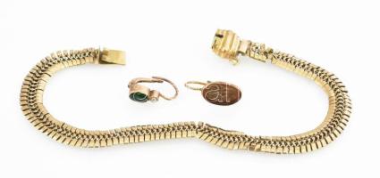 Arany (Au) 14 K sérült karkötő és 2 db fél pár fülbevaló, jelzéssel és jelzés nélkül, nettó: 9,3 g