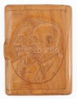 1916 I,. világháborús faragott fa cigaretta tárca Ferenc József és Vilmos császár arcképével 9x11 cm