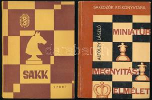 2 db sakk könyv: Sakk. Verseny- és játékszabályok. Összeáll.: Balogh László, Ejury Jenő, Mohácsi László. Bp., 1965, Sport. Ötödik, átdolgozott kiadás. Kiadói papírkötés. Megjelent 3200 példányban. + Alföldy László: Miniatűr megnyitáselmélet. Sakkozók Kiskönyvtára. Bp., 1971, Sport. Második, javított és bővített kiadás. Kiadói papírkötés.