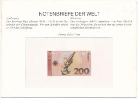 Németország ~1990. 200M forgalmi bankjegy miniatűr másolata felbélyegzett, sorszámozott borítékban, ...