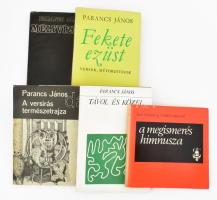 Parancs János 4 + 1 műve:   A szerző, Parancs János (1937-1999) költő, műfordító, szerkesztő által Bujdosó Alpár (1935-2021) költő, mérnök, a Magyar Műhely szerkesztője a magyar avantgarde kiemelkedő alakja részére DEDIKÁLT példányok.   Mélyvízben. Bp., 1970, Magvető. Első kiadás. Kiadói egészvászon-kötés, kiadói foltos papír védőborítóban.;   Fekete ezüst. Bp.,1973., Magvető. Első kiadás. Kiadói foltos egészvászon-kötés, kiadói papír védőborítóban.;   A versírás természetrajza. Bp.,1977., Magvető. Első kiadás. Kiadói egészvászon-kötés, kiadói papír védőborítóban, foltos.;   Távol és közel. (Versek, 1987-1989.) hn., 1991, Orpheusz Könyvek. Első kiadás. A szerző rajzaival illusztrált. Kiadói papírkötés.  Oscar Vladislas de Lubicz-Milosz: A megismerés himnusza. Ford.: Parancs János. Bp., 1973, Európa. Kiadói papírkötés.;