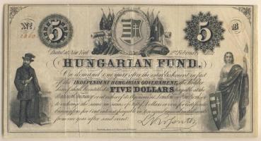 Emigrációs Kossuth-bankó 1852. 5$ "B" piros számozással T:II/III+
