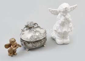 Fém ékszertartó dobozka 6 cm + két angyal figura porcelán 11 cm, önvény 4 cm