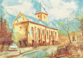 Varga Mátyás (1910-2002): Templom autóval, 1967. Monotípia, papír, jelzett, 49×69,5 cm