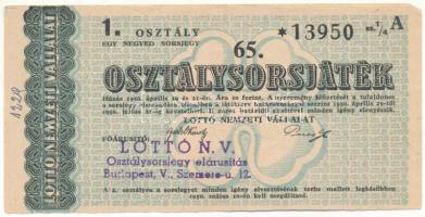 Budapest 1950. "65. Osztálysorsjáték" 1. osztály 1/4 sorsjegy, "A"-sorozat, "Lottó N.V. " árusítói felülbélyegzéssel T:VF apró tűly.