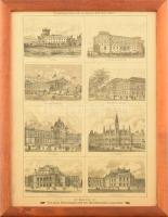 Ladislav Eugen Petrovits (1839-1907): Ferenc József uralkodás alatti bécsi középületek, rotációs fametszet, papír, jelzett a metszeten. Üvegezett fakeretben, 36×25 cm