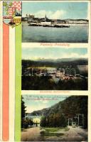 1912 Pozsony, Pressburg, Bratislava; látkép, Bimbóház, Vaskutacska, korai trolibusz. Magyar zászló és címer / Batzenhäusel, Eisenbrünnel (Eisenbründl) / Zelezná Studienka / general view, restaurant, villa, spa with early trolleybus, Hungarian flag and coat of arms (EB)