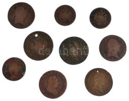 1780S 1kr Cu "Mária Terézia" + 1781S 1/2kr Cu "II. József" + 1800. 1kr Cu "I. Ferenc" (3db, A és S verdejel, harmadik nem kivehető, egyik lyukasztott) + 1812B 1kr Cu "I. Ferenc" + 1851A 2kr Cu (lyukasztott) + 1859A 1kr Cu + 1860A 1kr Cu T:F