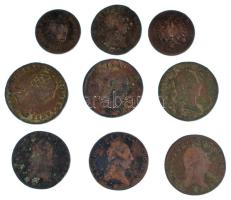 1761K 1kr Cu "Mária Terézia" + 1781A 1/2kr Cu "II. József" + 1790S 1/2kr Cu "II. József" + 1800. 1kr Cu "I. Ferenc" (3db, A és B verdejel, harmadik nem kivehető) + 1812S 1kr Cu "I. Ferenc" + 1859B 1kr Cu + 1887KB 1kr Cu "Középcímer" T:F