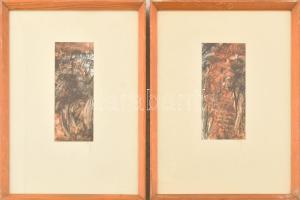 Olvashatatlan jelzéssel, 2 db mű: Absztrakt kompozíció, 1974. Akvarell, papír, üvegezett fakeretben, 17×7,5 cm