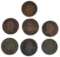1766. Rézdénár "Mária Terézia / Zárt korona" + 1790S 1kr Cu "II. József" + 1800. 1kr Cu "I. Ferenc" (3db, A és S verdejel) + 1812S 1kr Cu "I. Ferenc" + 1851A 1kr Cu T:F
