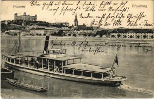 1908 Pozsony, Pressburg, Bratislava; látkép, vár, gőzhajó. Kaufmann's "Bediene dich allein" / general view, castle, steamship (ázott / wet damage)