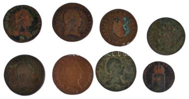 1763. Rézdénár "Mária Terézia / Zárt korona" + 1790S 1kr Cu "II. József" + 1800. 1kr Cu "I. Ferenc" (3db, A verdejel) + 1812S 1kr Cu "I. Ferenc" + 1816S 1/4kr Cu + 1851B 1kr Cu T:F