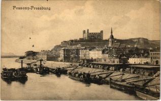 1912 Pozsony, Pressburg, Bratislava; látkép, vár, gőzhajó, uszályok. Wohlmuth J. kiadása / general view, castle, steamship, barges (EK)