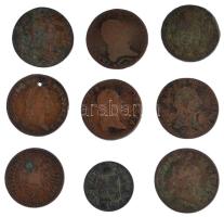 1763. Rézdénár "Mária Terézia / Zárt korona" + 1780W 1kr Cu "II. József" + 1790A 1kr Cu "II. József" + 1800. 1kr Cu "I. Ferenc" (3db, A verdejel, egyik nem kivehető, egyik lyukasztott) + 1812S 1kr Cu "I. Ferenc" + 1851A 1kr Cu + 1881KB 1kr Cu "Középcímer" T:F