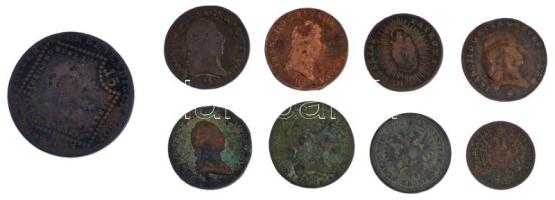 1763. Rézdénár "Mária Terézia / Zárt korona" + 1790S 1kr Cu "II. József" + 1800. 1kr Cu "I. Ferenc" (3db, A, B és S verdejel) + 1807S 15kr Cu "I. Ferenc" + 1812S 1kr Cu "I. Ferenc" + 1851A 1kr Cu + 1860A 1kr Cu T:F